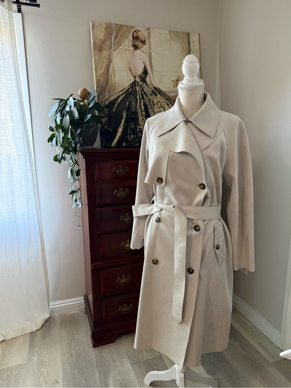 Classic Beige Vegan Suede Trench Coat with Belt